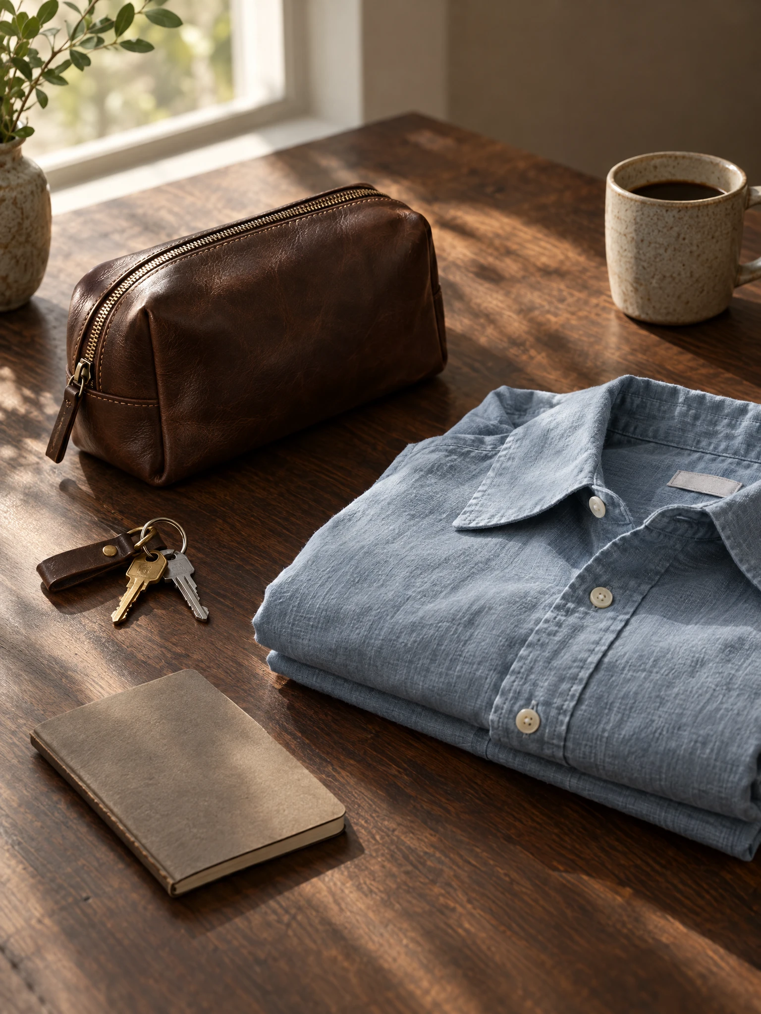 An espresso leather pouch beside a folded muted blue cotton shirt on a walnut table