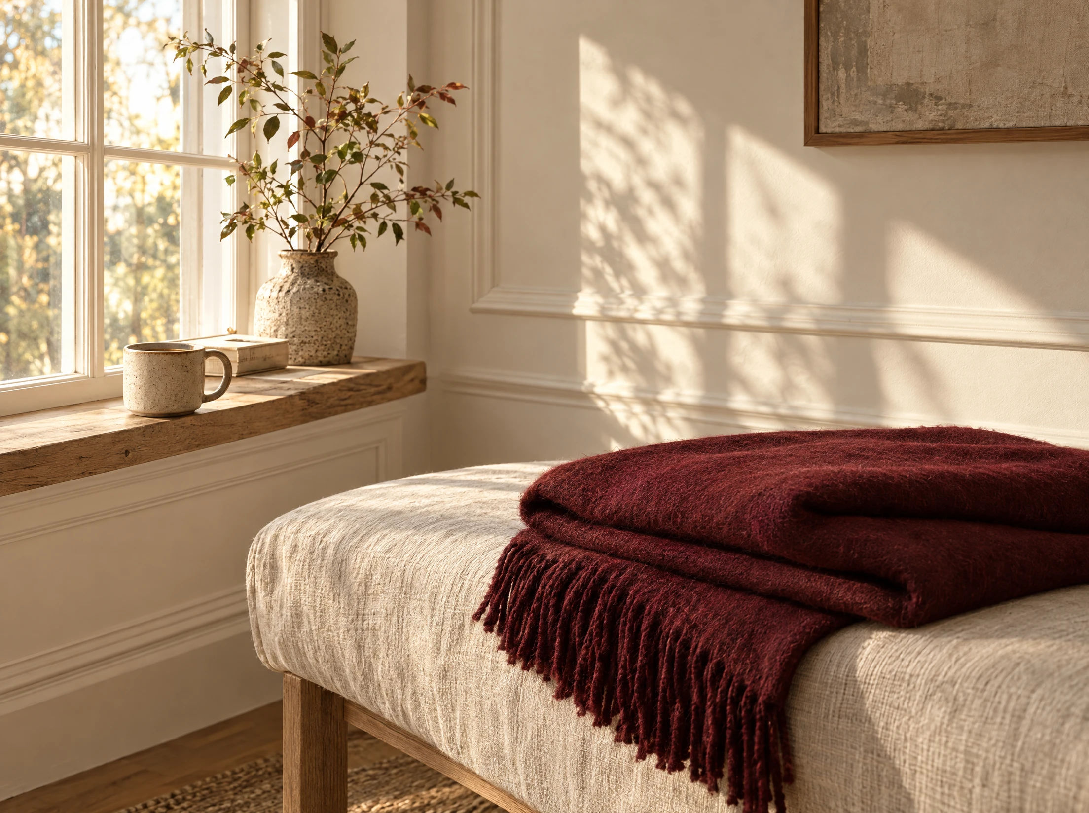 A folded oxblood throw on a linen bench beneath painted crown moulding in late afternoon light