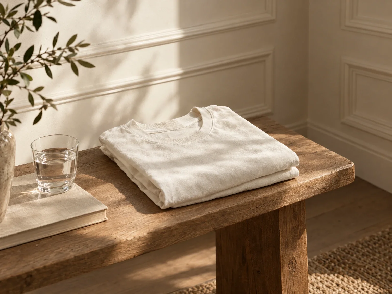 A folded cream T-shirt on a wooden bench in a softly lit panelled room