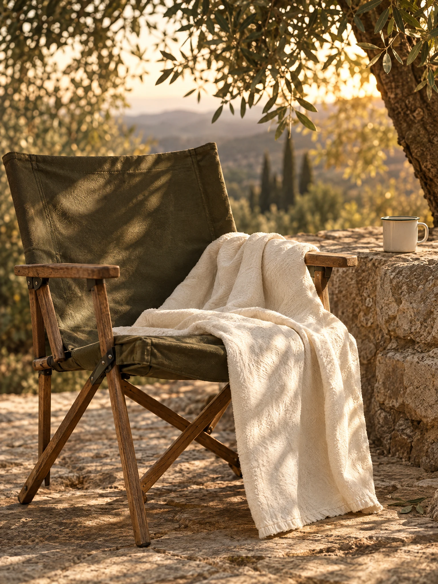 An olive canvas chair and buttercream cotton blanket on a stone terrace at golden hour