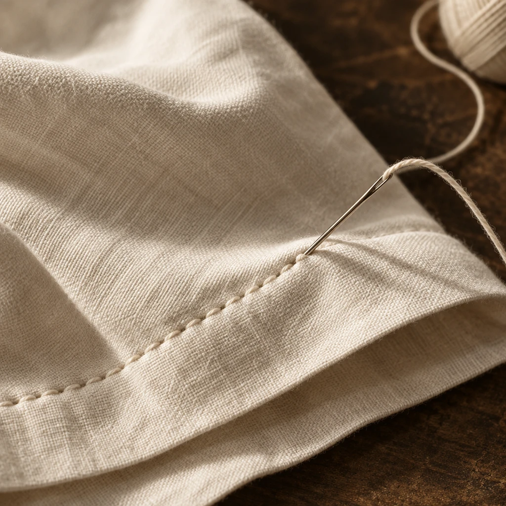 Fine woven cotton with a row of hand stitching and a threaded needle