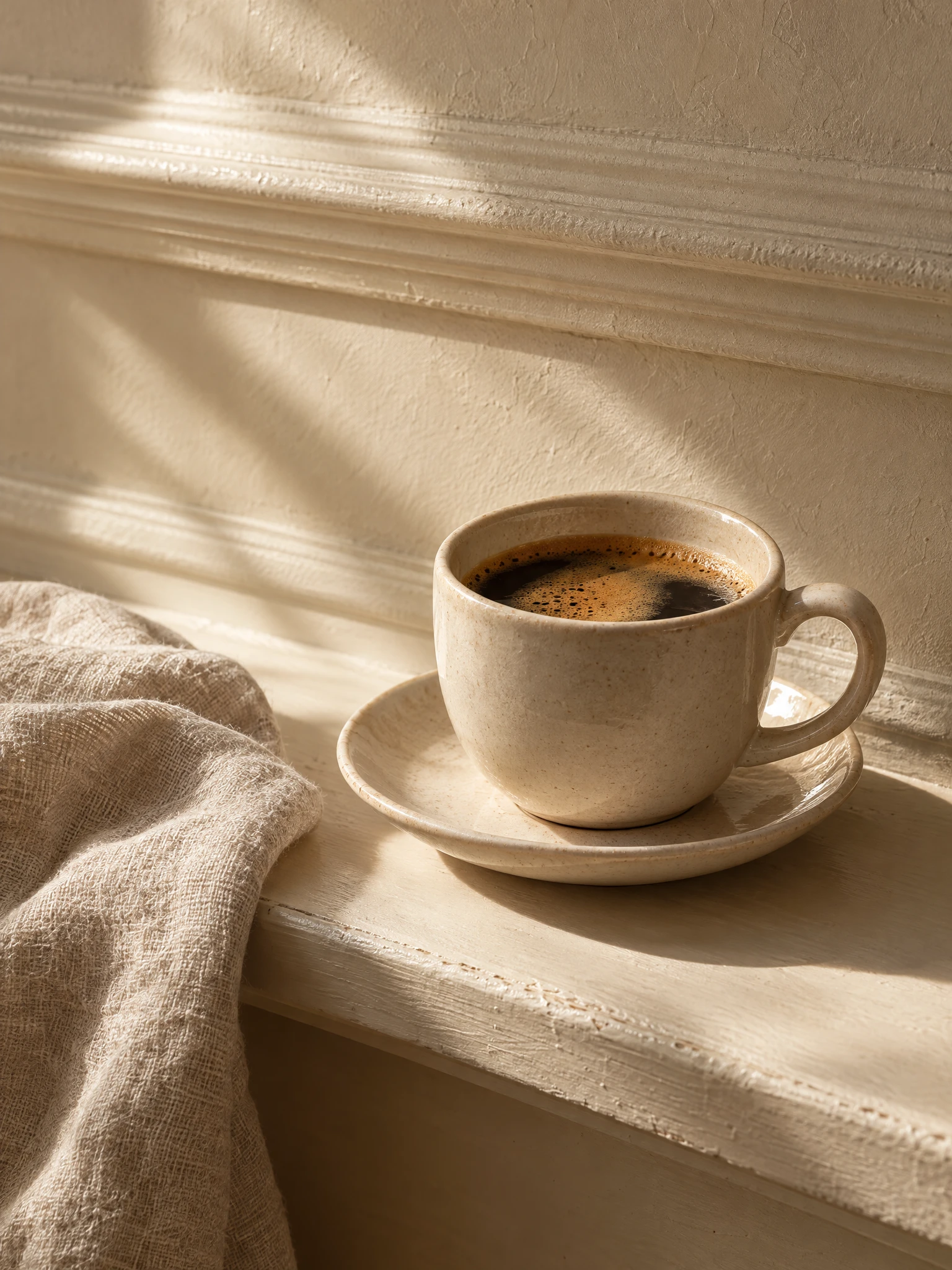 A cup of coffee resting on a cream ledge beneath painted plaster moulding