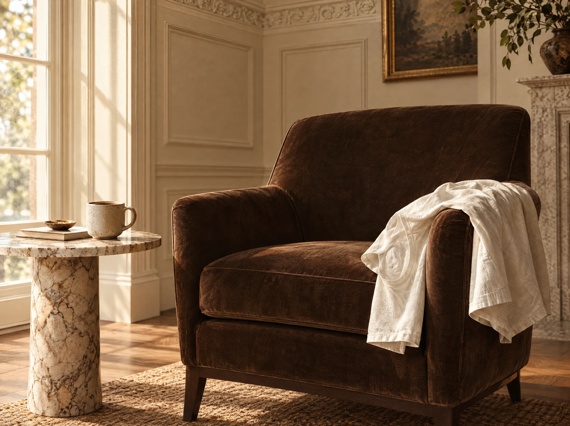 A cream room with painted crown moulding, an armchair and a cup of coffee in soft afternoon light